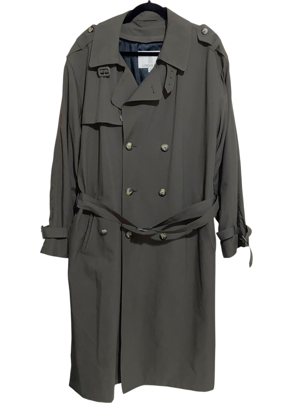 London Fog Trench Coat Mens 40 Double Breasted Belted Overcoat Olive Green Lined